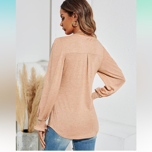 Romanstii Women's Casual V-Neck Tee Loose Puff Long Sleeve Tops Tunic Blouses - Picture 4 of 12